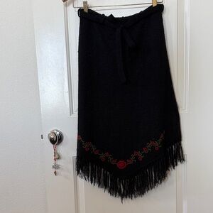 Black Fringe Sweater Skirt with Floral Embroidery